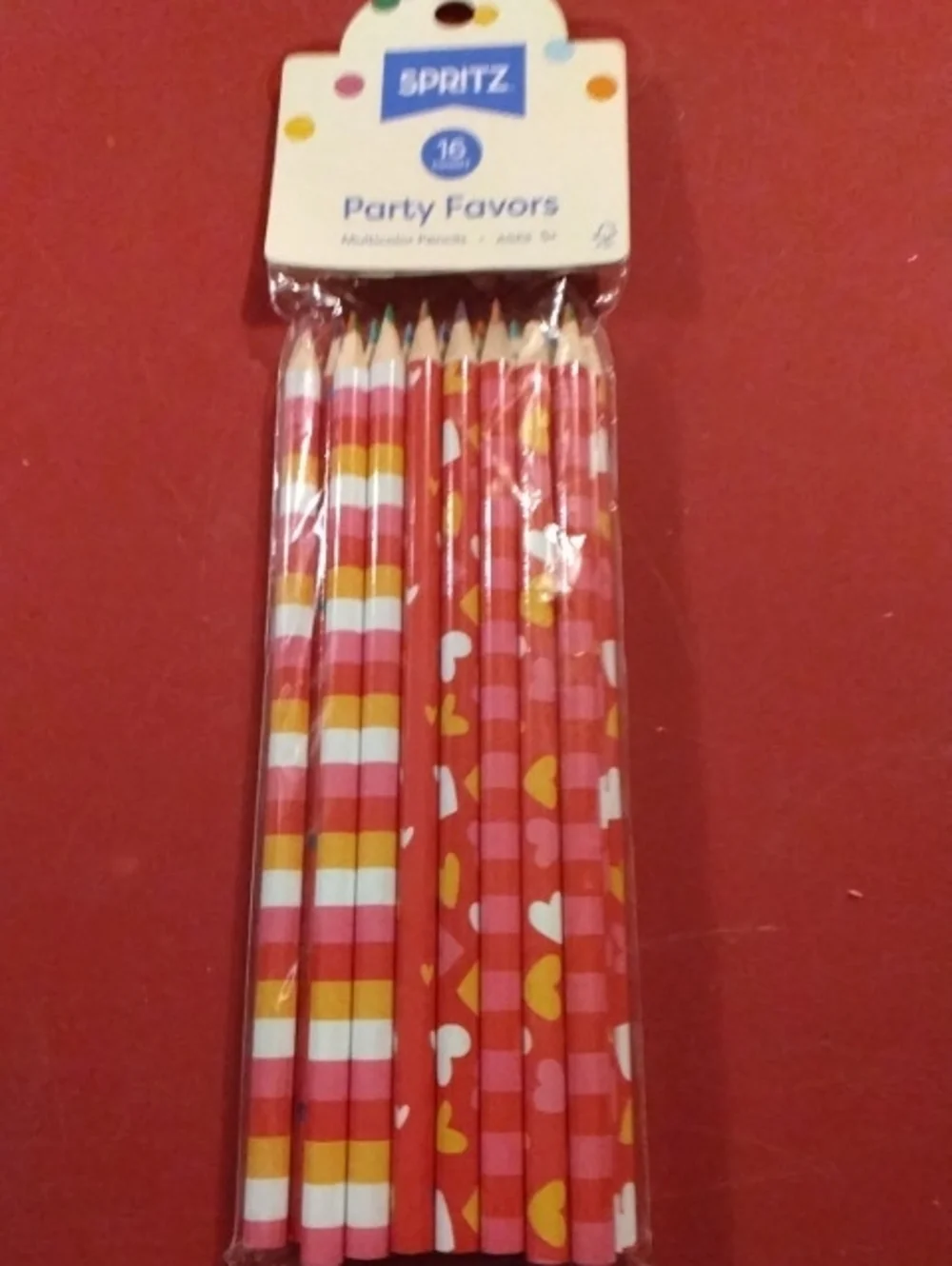 Spritz Red, Pink and Yellow Patterned Party Favor Pencils - 16 Pack